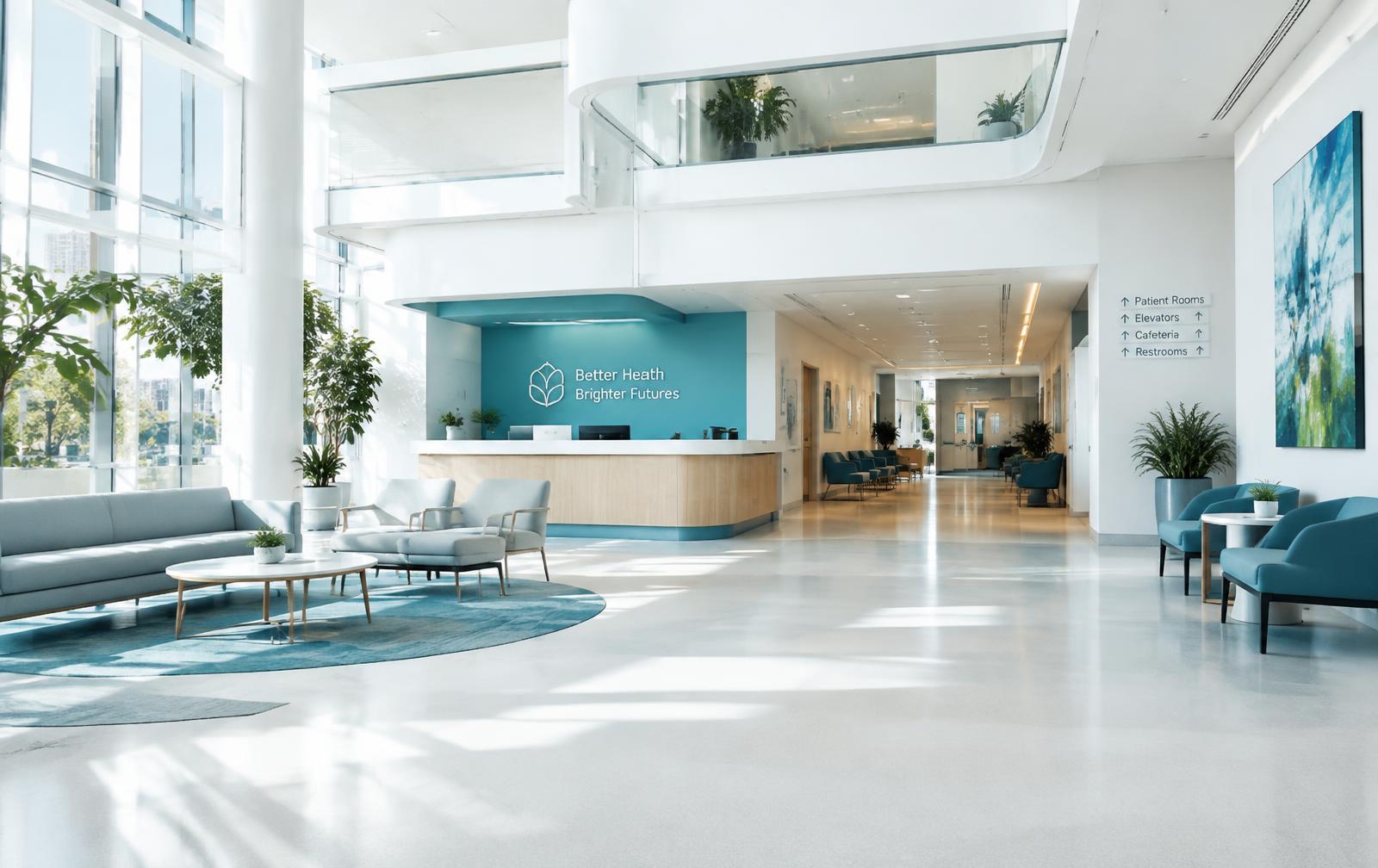 Bright hospital reception and lounge